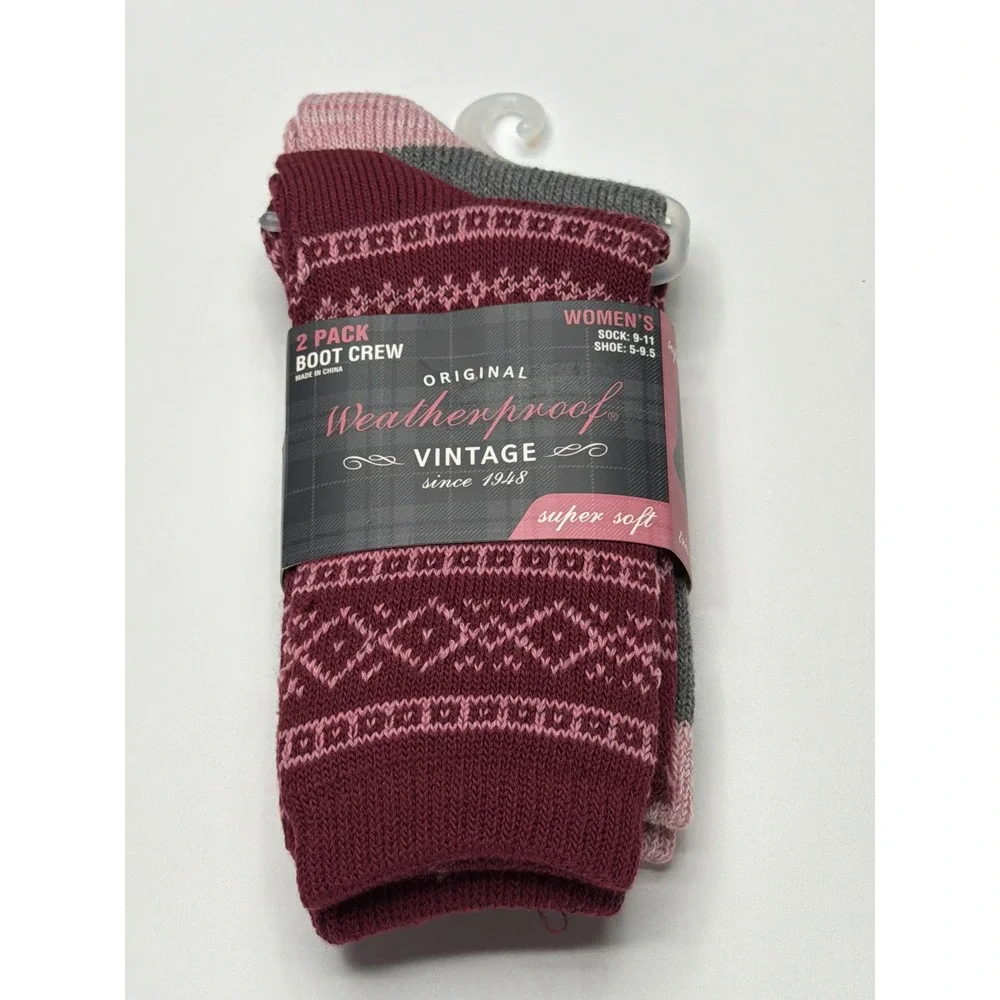 Weatherproof Vintage Women's 2 Pack Boot Crew Socks‎ Burgundy Fair Isle Soft